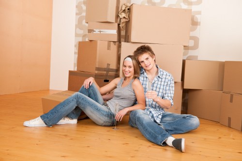 Packed household boxes ready for removal in a Kentish Town home