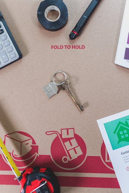 A beige cardboard moving box with red printed instructions and icons indicating 'Fold to Hold', located on a work surface. On top of the box, there is a silver keyring with a small house-shaped charm 